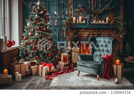 Christmas greeting card with bright winter holiday composition and New Year background 119984156