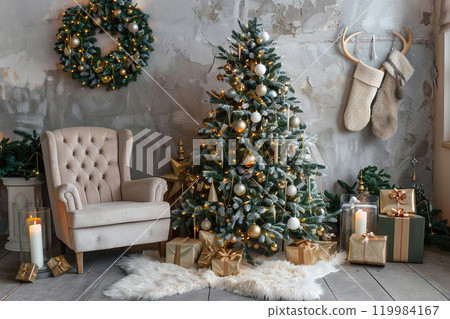Christmas greeting card with bright winter holiday composition and New Year background 119984167