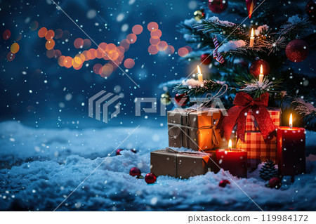 Christmas greeting card with bright winter holiday composition and New Year background 119984172