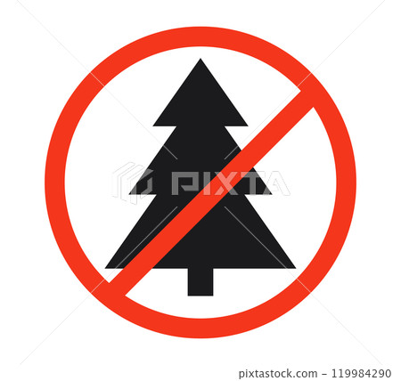 Christmas tree and prohibited circle sign. Christmas celebrating forbidden icon. Xmas ban symbol. Vector illustration isolated on white background Christmas tree and prohibited circle sign. Christmas celebrating forbidden icon. Xmas ban symbol. Vector illustration isolated on white background 119984290