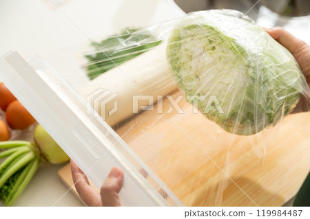 中高級婦女在家裡的廚房包裝高麗菜 中高級婦女在家裡的廚房包裝高麗菜 119984487