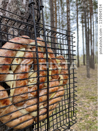 In the forest, barbecue sausages are fried outdoors 119984554