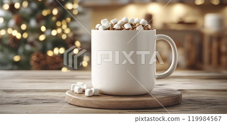 Cozy winter warmth. Hot chocolate in a white mug with marshmallows for holiday comfort 119984567