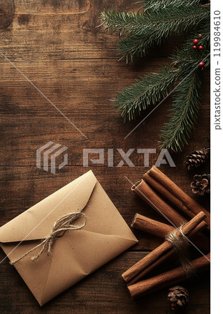 Rustic Holiday Background with Gift, Envelope, and Candlelight 119984610