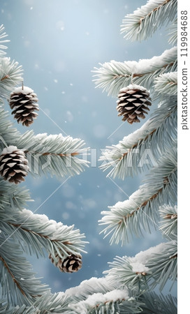 Snow-laden pine branches adorned with winter pinecones against a serene blue backdrop during a quiet snowfall. Generative AI 119984688
