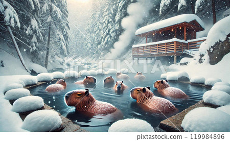 Capybaras relaxing in a winter hot spring Capybaras relaxing in a winter hot spring 119984896