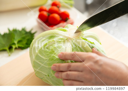 一名中年婦女在家廚房將刀子插入高麗菜的核心。 119984897