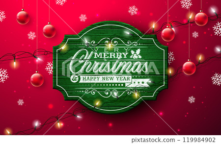 Merry Christmas and Happy New Year Illustration with Light Garland and Typography Lettering on Vintage Wood Background. Vector Holiday Season Banner Design for Greeting Card, Party Flyer, Celebration 119984902