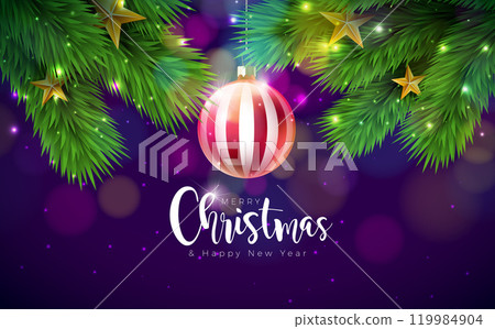 Merry Christmas and Happy New Year Illustration with Red Glass Ball, Star and Fir Branch on Shiny Background. Vector Holiday Season Banner Design for Greeting Card, Party Flyer, Celebration Poster and 119984904