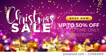 Christmas Sale Design with Ornamental Ball and Falling Confetti on Shiny Purple Background. Holiday Vector Business Illustration with Special Offer Typography Elements for Coupon, Voucher, Banner 119984909
