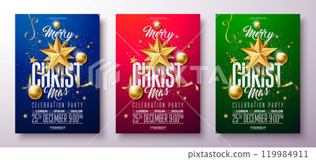 Merry Christmas Party Flyer Design with Ornamental Glass Ball and Golden Star on Red, Blue and Green Background. Vector Holiday Season Celebration Poster Illustration Set with Typography Letter for Merry Christmas Party Flyer Design with Ornamental Glass Ball and Golden Star on Red, Blue and Green Background. Vector Holiday Season Celebration Poster Illustration Set with Typography Letter for 119984911