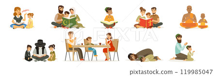 Religious People Characters of Different Religion with Kids Vector Set 119985047