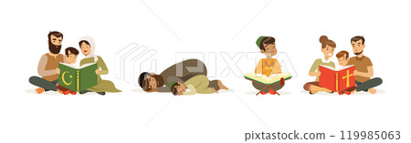 Religious People Characters of Different Religion with Kids Vector Set 119985063