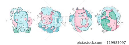 Cute Pink Sleepy Animals Have Bedtime Vector Set 119985097