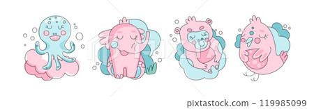 Cute Pink Sleepy Animals Have Bedtime Vector Set 119985099