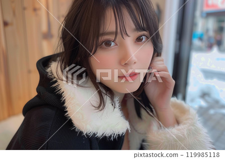 A glamour model wearing a fluffy coat that stands out against the snowy scenery A glamour model wearing a fluffy coat that stands out against the snowy scenery 119985118