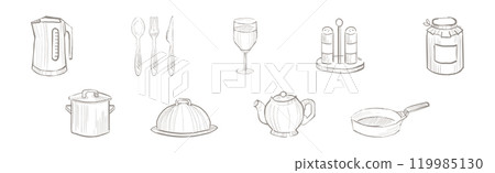Kitchen Utensils and Kitchenware Hand Drawn Item and Object Vector Set 119985130