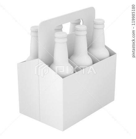 Six bottles of beer in white carton packaging isolated on white background - 3D illustration 119985180