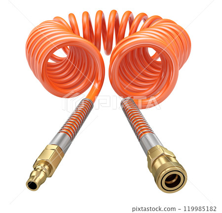 Spiral orange color pneumatic hose for compressed air - 3D illustration 119985182