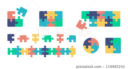Jigsaw puzzle vector illustration set. Colorful infographic elements. 119985242