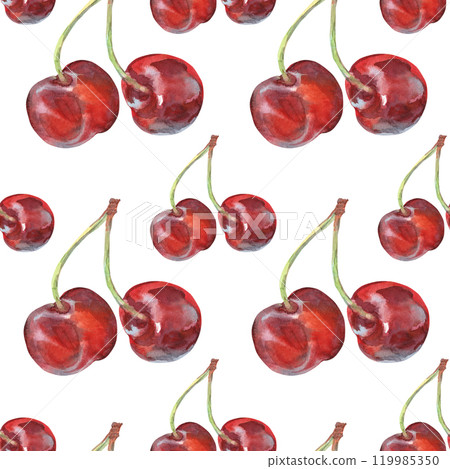 Pattern seamless of cherry bunches with leaves hand drawn in watercolor. Ripe berries on branches of berry bushes, trees. Berries are painted very brightly red, burgundy, purple and green colors. This 119985350