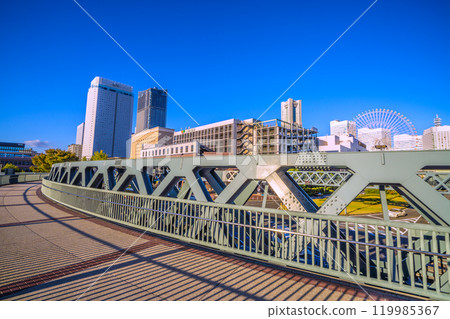 Yokohama cityscape in Japan: A city with a pedestrian bridge... View of Shinko Circle Walk and Yokohama Landmark Tower, etc. = 7th Yokohama cityscape in Japan: A city with a pedestrian bridge... View of Shinko Circle Walk and Yokohama Landmark Tower, etc. = 7th 119985367