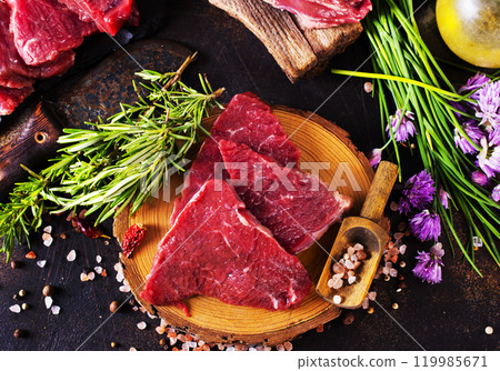 Juicy raw piece of meat on a wooden board Juicy raw piece of meat on a wooden board 119985671