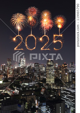 2025 happy new year fireworks over Tokyo cityscape at night, Japan. 119985790
