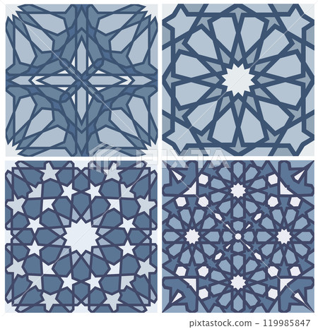 Set of intricate Islamic geometric patterns in blue shades for traditional decor. Seamless pattern set. 119985847