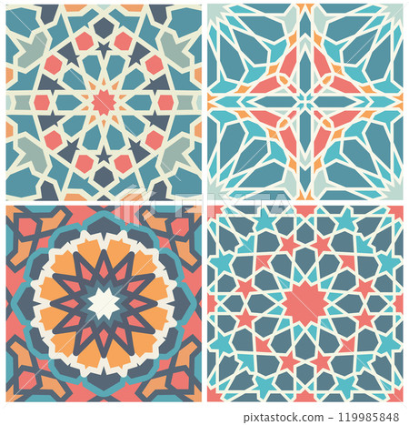 Colorful Islamic geometric patterns with blue, red, and orange accents in traditional designs. Seamless pattern. 119985848