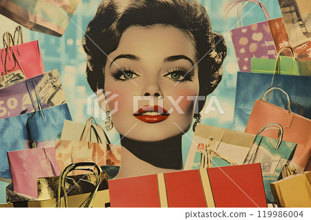 woman, shopping bags vintage collage, AI generated woman, shopping bags vintage collage, AI generated 119986004