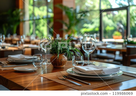 Elegant restaurant table setting with greenery centerpiece by large windows overlooking garden Elegant restaurant table setting with greenery centerpiece by large windows overlooking garden 119986069