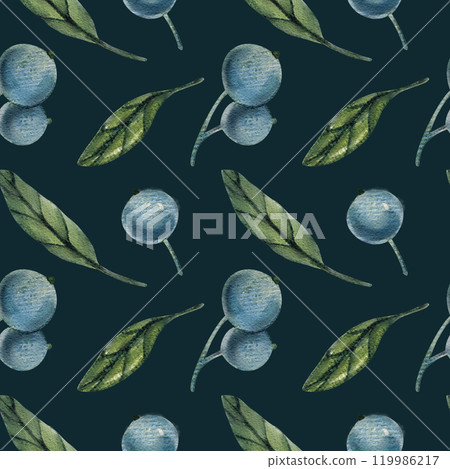 Seamless pattern with watercolor blueberry branches, botanical illustration featuring green leaves and berries. Ideal for natural designs, organic products, decor. Soft, detailed, realistic artwork. 119986217
