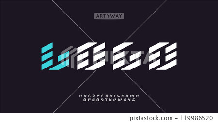 Modular stencil font, sliced geometric letters, edgy bold font for modern tech logo, minimalistic industrial design, blocky futuristic headlines, esport branding. Vector typeset. 119986520