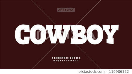 Bold slab serif alphabet, vintage western style letters, rugged font for rustic posters, cowboy signage, iconic bar branding, retro Americana headline, saloon logo. Wild west cartoon. Vector typeset 119986522