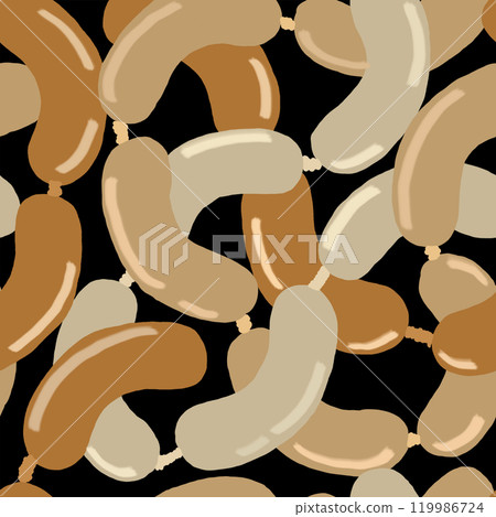 Seamless pattern of overlapping sausages on a black background 119986724