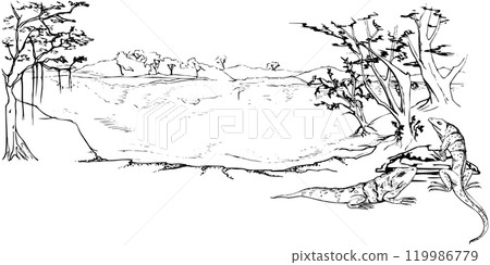 Jungle rainforest Amazon river lake shore with trees, mountains hills backdrop, iguana lizards. Hand drawn ink vector illustration, isolated scenic landscape. Design travel, vacation brochure, camping Jungle rainforest Amazon river lake shore with trees, mountains hills backdrop, iguana lizards. Hand drawn ink vector illustration, isolated scenic landscape. Design travel, vacation brochure, camping 119986779