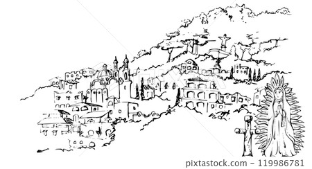 South Central America mountain slope, city buildings houses trees, religious monument Holy Virgin statue. Hand drawn ink vector illustration, isolated scenic landscape for travel, vacation, brochure 119986781