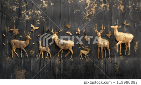 Golden animals on black grunge wall background. Generative AI 119986882