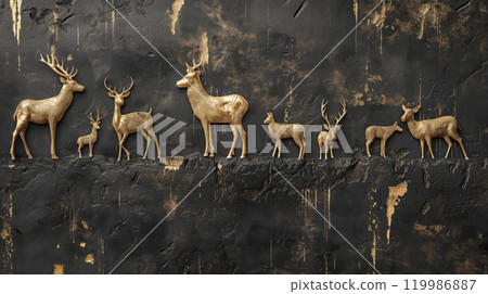 Golden animals on black grunge wall background. Generative AI 119986887