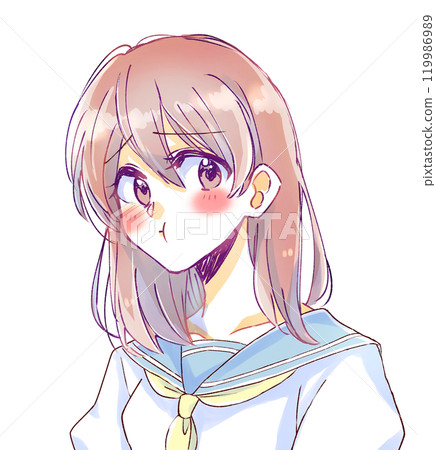A female student puffs out her cheeks and looks embarrassed 119986989