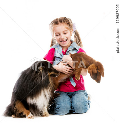 children playing with dogs on white background 119987005