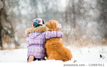 little girl hugging dog and looks forward little girl hugging dog and looks forward 119987011