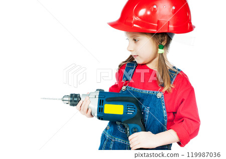 Smiling Little girl in a red helmet with drill isolated on a over white Smiling Little girl in a red helmet with drill isolated on a over white 119987036
