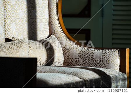 Sunlight shines on the elegant wooden sofa upholstered with ivory velvet fabric and a round coffee table set in a living room. 119987161