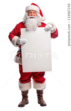 Santa Claus is proudly holding a white sign firmly in his hands 119987249