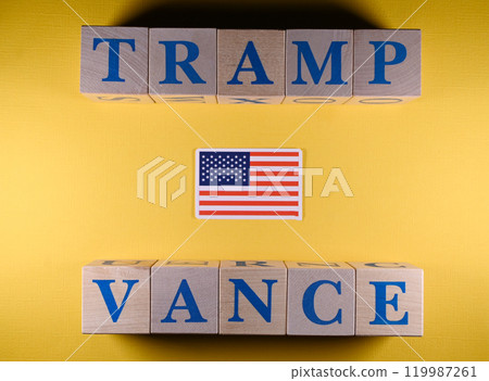 Wooden cubes with the names of presidential and vice presidential candidates Donald Trump and J. D. Vance Wooden cubes with the names of presidential and vice presidential candidates Donald Trump and J. D. Vance 119987261