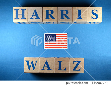 Wooden cubes with the names of US presidential and vice presidential candidates Kamala Harris and Tim Walz Wooden cubes with the names of US presidential and vice presidential candidates Kamala Harris and Tim Walz 119987262