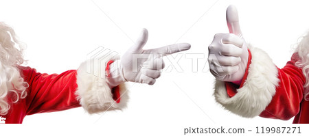 Various santa claus hand gestures, santa hand thumbs forward, thumbs up gesture ok. Santa Claus hands on white background. 119987271