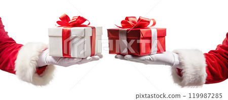 Merry Christmas greeting card, gifts and sale promotion banner background. Santa hands with big red gift box 119987285